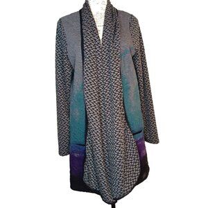 Art of Cloth Large Long Cardigan Jacket, Quilted, Lagenlook, Gray Purple Teal